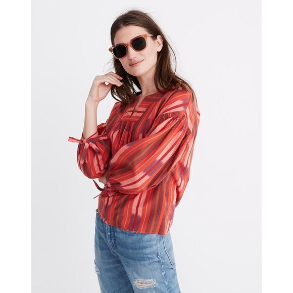 NEW Madewell | Ikat Peasant Tie-Sleeve Popover 100% Cotton Blouse, Size XXS - Picture 4 of 14